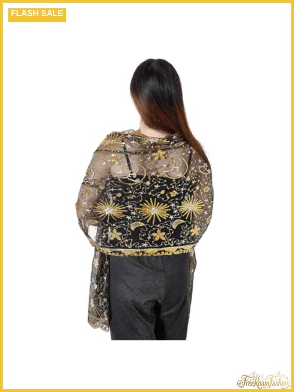 Sequin Star Moon Chiffon Shawl Wrap Fringed Sheer Evening Cape
